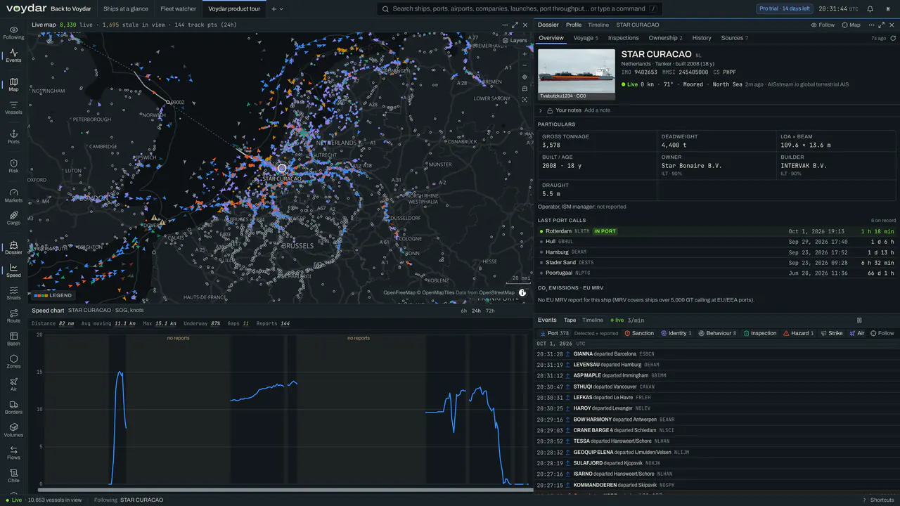 The Seadar Terminal in its dark theme: a live map of the English Channel with the container ship Ever Alp selected and its 24-hour track, the vessel dossier (tonnage, owner, operator, ISM manager, builder), a watchlist of six liners and the live event tape of port departures.