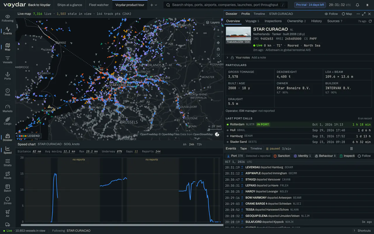 The Terminal's Marine Operations workspace in the light theme: the English Channel with Ever Alp's track, the vessel dossier and a watchlist of container ships with speed, status and sea area.
