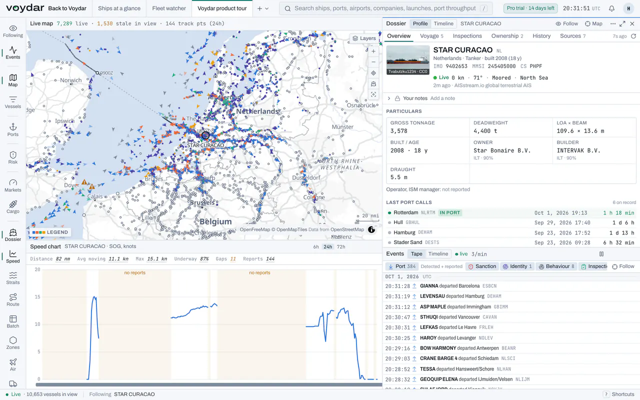 The Terminal's Marine Operations workspace in the light theme: the English Channel with Ever Alp's track, the vessel dossier and a watchlist of container ships with speed, status and sea area.